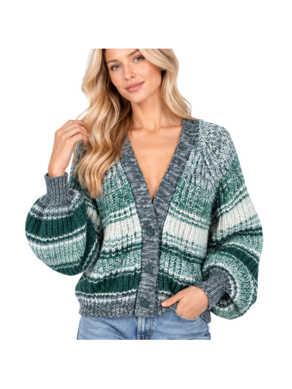 Frye Cropped Striped Chunky Knit Cardigan Sweater Green White Cottage Size XL